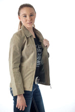 Load image into Gallery viewer, Woman modeling REED women's genuine suede leather jacket, featuring satin lining and stylish design, perfect for a fashionable look.