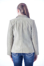 Load image into Gallery viewer, Back view of a woman's grey suede leather jacket by REED, showing the elegant design and premium material