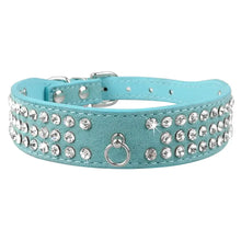 Cargar imagen en el visor de la galería, Blue studded leather pet collar with adjustable fit, featuring sparkling rhinestones for stylish puppies and cats.