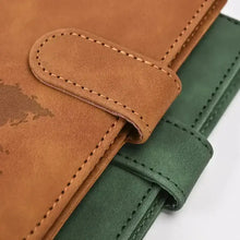 Cargar imagen en el visor de la galería, Close-up of PU leather passport and card holder in brown and green, featuring stylish design and secure closure, perfect for travel.