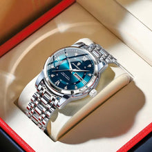Load image into Gallery viewer, Luxury men's watch with blue dial and silver bracelet in an open box, showcasing elegant design and sophistication.