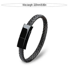 Cargar imagen en el visor de la galería, USB leather charging braided bracelet in black with sleek design, combining style and modern technology.