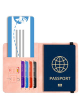 Cargar imagen en el visor de la galería, Leather travel wallet with passport and cards featuring RFID-blocking technology for secure travel.