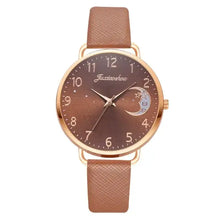 Charger l'image dans la galerie, Moon Bracelet Watch with brown leather strap and celestial moon dial for elegant women's fashion.
