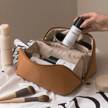 Cargar imagen en el visor de la galería, Alt Tag: High-Capacity Leather Cosmetic Organizer with makeup in compartments, perfect for clutter-free vanity and beauty routines.