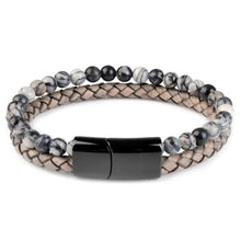 Charger l'image dans la galerie, Genuine leather bracelet with natural stone accents, featuring a woven design and stylish black clasp for an elegant look.