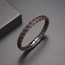Cargar imagen en el visor de la galería, Classic hand woven multi-layered vegan leather bracelet in sleek black with a metallic clasp, perfect for men's style and sophistication.