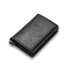 Cargar imagen en el visor de la galería, RFID Black Magic Trifold Leather Slim Mini Wallet in vegan leather, perfect for organizing essentials with sleek, secure design.