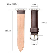 Cargar imagen en el visor de la galería, Brown genuine leather band for Apple Watch, compatible with Series 1-5. Available in 38/42mm sizes, featuring elegant and classic design.