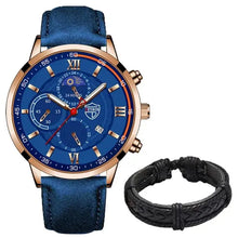 Cargar imagen en el visor de la galería, Men's Casual Leather Watch with blue dial and strap, featuring durable design and black leather bracelet accessory.