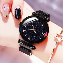 Load image into Gallery viewer, Starry Sky Women's Watch with celestial design on wrist, featuring a black band and glittering night sky dial for elegant style.