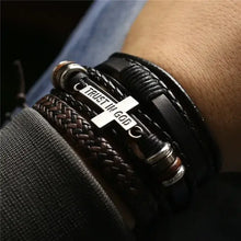 Cargar imagen en el visor de la galería, Men's leather bracelets with 'Trust in God' charm, showcasing rugged sophistication. Ideal for casual or formal wear.