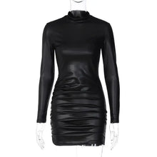 Load image into Gallery viewer, Black faux leather ruched mini dress with long sleeves, sleek design for edgy elegance and sophisticated style.