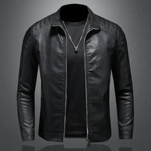 Charger l'image dans la galerie, Men's black vegan leather motorcycle jacket for style and protection.