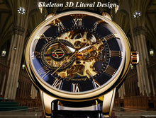 Load image into Gallery viewer, Luxury men's skeleton watch with 3D literal design, gold accents, showcasing intricate interior mechanics, set in an elegant environment.