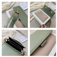 Cargar imagen en el visor de la galería, Close-up views of a designer leather crossbody shopping bag showcasing its green straps, interior pockets, and elegant stitching.