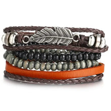 Charger l'image dans la galerie, Multilayer leather bracelet with beads and feather detail, perfect for stylish and rugged elegance.