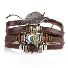 Charger l'image dans la galerie, Multilayer leather bracelet with owl charm and leaf detail, stylish and durable accessory for any occasion.