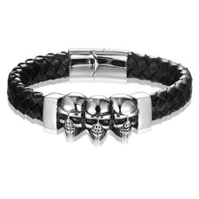 Cargar imagen en el visor de la galería, Black hand woven leather bracelet with silver alloy skull accents, men's fashion accessory