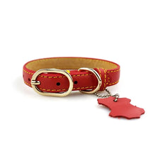 Cargar imagen en el visor de la galería, Red genuine leather dog collar with gold buckle and customizable name tag for luxury and durability.