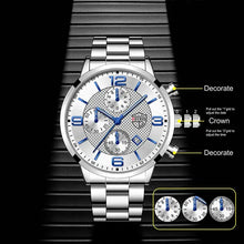 Load image into Gallery viewer, Luxury men's business watch with silver band and blue accents, featuring precise chronograph dials and elegant design details.