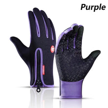 Load image into Gallery viewer, Purple waterproof winter gloves with touchscreen capability, designed for warmth and functionality in cold weather conditions.