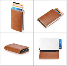 Cargar imagen en el visor de la galería, Hold anti-theft vegan leather wallet with RFID/NFC protection, showcasing card slots and sleek design in brown.