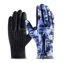 Load image into Gallery viewer, Winter cycling gloves with blue camo design and black non-slip palm, ideal for outdoor sports and adventures.