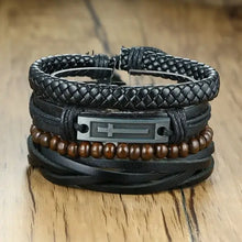 Cargar imagen en el visor de la galería, Vnox 4-piece braided wrap vegan leather bracelets set with zinc alloy accents, featuring chunky design and lace-up clasp on wood surface.