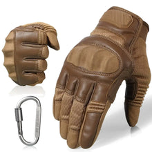 Cargar imagen en el visor de la galería, Touchscreen leather motorcycle gloves with premium brown leather, snug fit, and touchscreen compatibility, plus carabiner clip.
