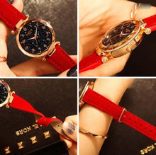 Cargar imagen en el visor de la galería, Premium Leather Star Sky Watch with red vegan leather band and starry night design on dial