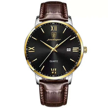 Cargar imagen en el visor de la galería, Luxury men's quartz watch with black dial and vegan leather strap, featuring gold accents and Roman numerals, combining elegance and precision.