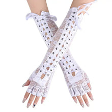 Load image into Gallery viewer, Elbow-length white lace half-finger gloves with laces and button details, perfect for adding elegance and glamour to any outfit.