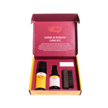 Load image into Gallery viewer, Suede & Nubuck Care Kit with cleaner, protector, horsehair brush, and eraser for cleaning and protecting suede and nubuck items.