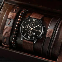 Load image into Gallery viewer, Men's Business Watch Set with leather and beaded straps, showcasing timeless sophistication for professional attire.