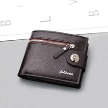 Cargar imagen en el visor de la galería, Men's Retro Woven Pattern Leather Wallet with zipper pocket on a gray surface.