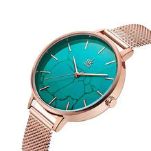 Load image into Gallery viewer, Elegant women's fashion watch with turquoise face and rose gold mesh band, perfect for elevating any outfit with sophistication and style.