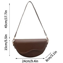 Cargar imagen en el visor de la galería, Small leather chain shoulder bag with dimensions, showcasing elegant design in smooth brown leather.