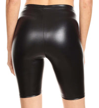 Cargar imagen en el visor de la galería, Shiny metallic black bike shorts, stretchy unisex design, back view, made in USA.