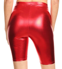 Cargar imagen en el visor de la galería, Red shiny metallic bike shorts, stretchy unisex, back view, made in USA
