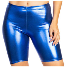 Cargar imagen en el visor de la galería, Shiny metallic blue bike shorts, stretchy and unisex, made in USA, showcased on a model.