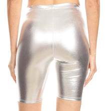 Cargar imagen en el visor de la galería, Close-up of unisex shiny metallic bike shorts showcasing stretchy material and high waistband, made in USA, in silver color.