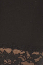 Load image into Gallery viewer, Close-up of black lace trim detail on cotton blend bike shorts.