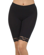 Load image into Gallery viewer, Black cotton blend lace trim bike shorts with stretch fit, showcasing front view. Made in USA, great for casual and active wear.