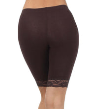 Load image into Gallery viewer, Back view of brown cotton blend lace trim stretch bike shorts, showcasing lace detail and comfortable fit, made in USA.