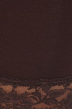 Load image into Gallery viewer, Close-up of brown cotton blend bike shorts with lace trim, showing delicate lace detail in stretch fabric. Made in USA.