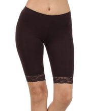 Load image into Gallery viewer, Cotton blend lace trim bike shorts made in USA, showcasing stretch fit and comfortable style for active wear.