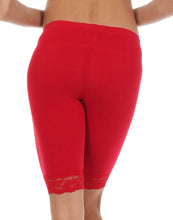 Load image into Gallery viewer, Back view of red cotton blend lace trim stretch bike shorts, showing the lace detail and comfortable fit, made in the USA.
