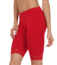 Load image into Gallery viewer, Red lace trim stretch bike shorts for women, cotton blend, made in USA, close-up on model.