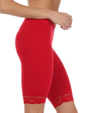Load image into Gallery viewer, Red cotton blend lace trim stretch bike shorts, side view. Perfect for cycling or casual wear, made in USA, features comfort and style.
